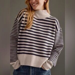 Maeve Anthropologie Cary’s beige navy striped mock neck women sweater xs x-small